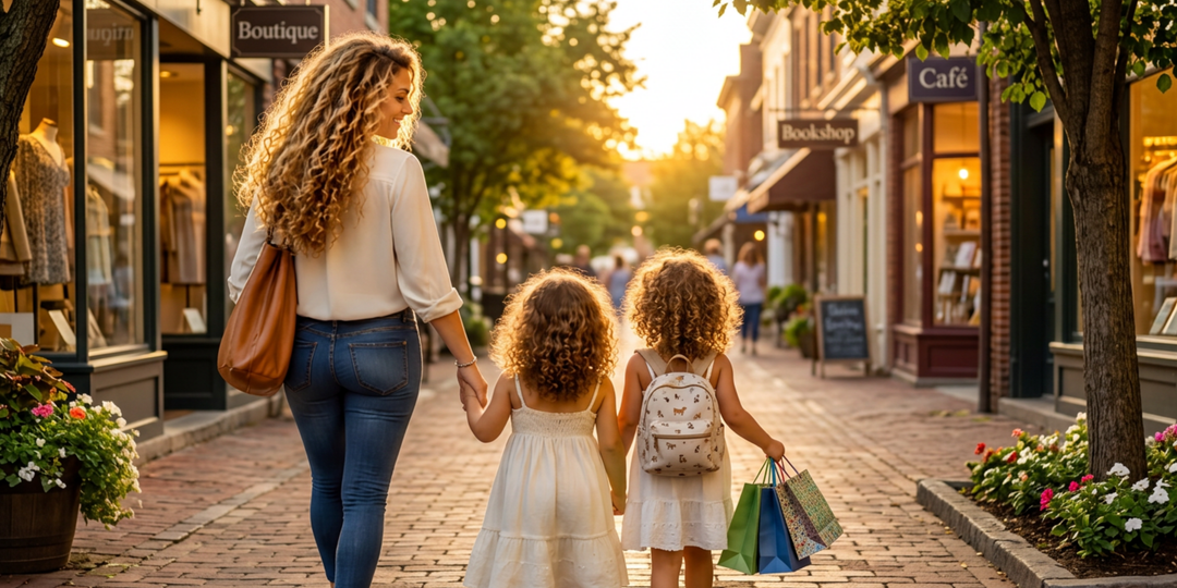 Mother with beautiful voluminous curly hair holding her child's hand while walking down a sunny shopping street