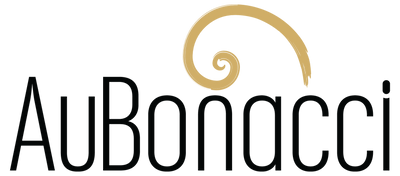 Curly Life Company AuBonacci Styler logo in black font with golden spiral above AuBonacci.  The name AuBonacci is from Au for Gold from the table of elements and Bonacci from Fibonacci's spiral, a mathmatical equation that describes spirals in nature.